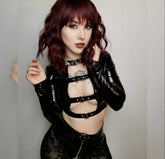 'Rebound' Black Patent Faux Leather Buckle Top