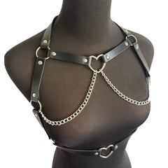 'Dark Love' Black Faux Leather Harness with Heart Detail & Chains