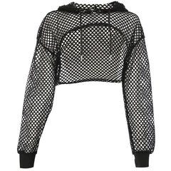 Goth 'Broke Down' Black Mesh Grunge Hooded Fishnet Crop Top
