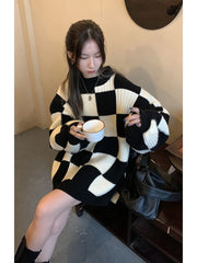 'Mono' Black Balloon Sleeve Checkerboard Sweater