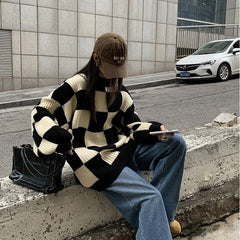 'Mono' Black Balloon Sleeve Checkerboard Sweater
