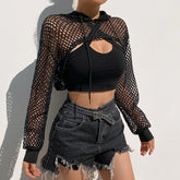 Goth 'Broke Down' Black Mesh Grunge Hooded Fishnet Crop Top