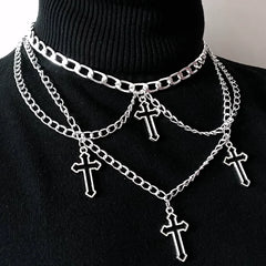 Grunge Multi Cross Chain Choker Necklace