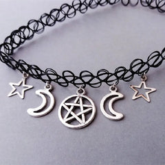 Goth Pentagram Moon Chain Choker