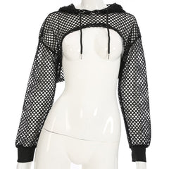 Goth 'Broke Down' Black Mesh Grunge Hooded Fishnet Crop Top