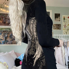 Black Fairycore Grunge Goth Print Hooded Dress