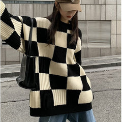 'Mono' Black Balloon Sleeve Checkerboard Sweater
