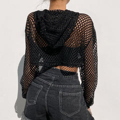 Goth 'Broke Down' Black Mesh Grunge Hooded Fishnet Crop Top