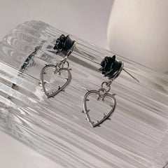 Gothic Dark Black Rose Dangle Earrings