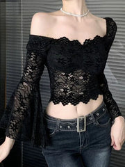 'Shadow Spell' Goth Black Lace Flare Sleeve Crop Top