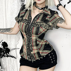 Dark 90s Grunge Plaid Short Sleeve Shirt