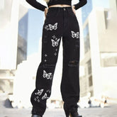 Black Alt Grunge Butterfly Print Denim Pants