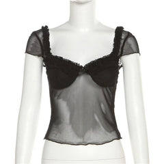 Black Casual Tranparent Mesh Ruffles Top