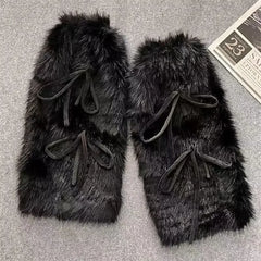 Black Ribbon Bowknot Furry Plush Leg Warmers