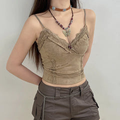 Grunge V Neck Strap Lace Trim Frill Suede Top