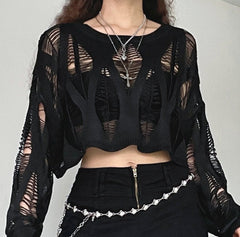'Hollow' Black Goth Ripped 90's Grunge Long Sleeved Top