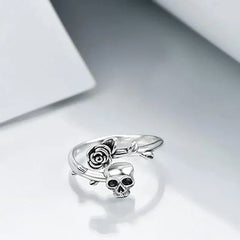 Goth Unique Skull Head Rose Silver Ring