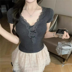 Grunge Goth Lace Patchwork Short Sleeve Top