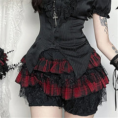 Goth Black Grunge Dark Plaid Lace Patchwork Skirt