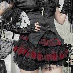 Goth Black Grunge Dark Plaid Lace Patchwork Skirt