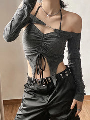 Goth Grunge Mall Gothic Drawstring Buckle Top