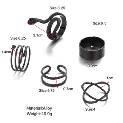 Punk Snake Black Rings Set of 5