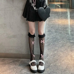 Black Lolita Kawaii Love Bow Lace Socks