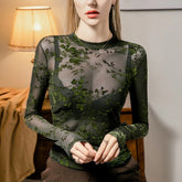 Green Grunge Mesh Long Sleeve Top