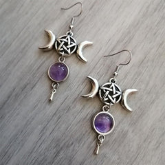 Pentagram Crescent Moon Stone Earrings