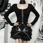 Goth 'Moonlit Spell' Black Hook & Eye Long Sleeved Top