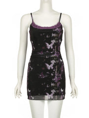 Goth Purple Slim Butterfly Print Bodycon Dress