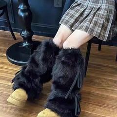 Black Ribbon Bowknot Furry Plush Leg Warmers