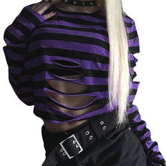 Gothic Black Striped Ripped Sweater
