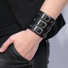 Metal Grunge Black Synthetic Leather Wristband