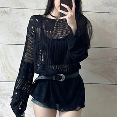 Goth 'Curse' Cosy Casual Hollow Knit Black Sweater