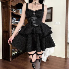 'Till Death' Black Elegant Goth Lace Trim Dress