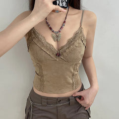 Grunge V Neck Strap Lace Trim Frill Suede Top