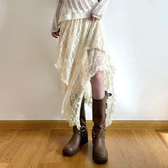Lace Beige Fairycore Asymmetrical Skirt