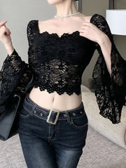 'Shadow Spell' Goth Black Lace Flare Sleeve Crop Top