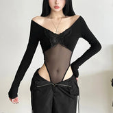 'Nocturn' Black Mesh Long Sleeved Butterfly Top