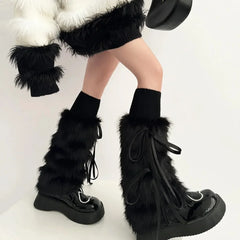 Black Ribbon Bowknot Furry Plush Leg Warmers