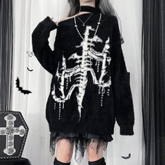 Black Grunge Dark Print Off Shoulder Sweater