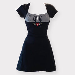 'Falling for you' Black Bow Gingham Embroidery Dress