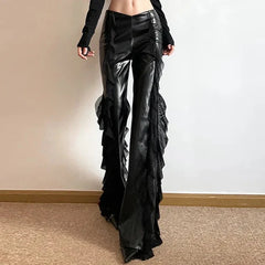 Goth 'Vampire Kiss' Black PU Leather Flowy Flared Pants
