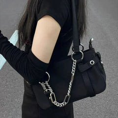 Goth Black Handbag Shoulder Bag With Chunky Chain