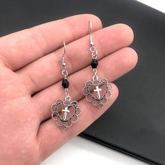 Gothic Hollow Heart Cross Pendant Earrings