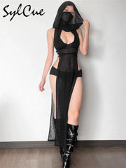 Black Goth Grunge Hooded Dress