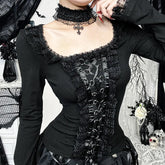 'Death Trap' Goth Black Lace Trim Long Sleeve Top with Collar