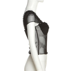 Black Casual Tranparent Mesh Ruffles Top