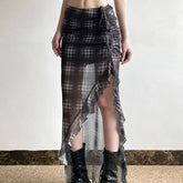 Grunge 'Sinister Smoke' Plaid Mesh See Through Split Skirt